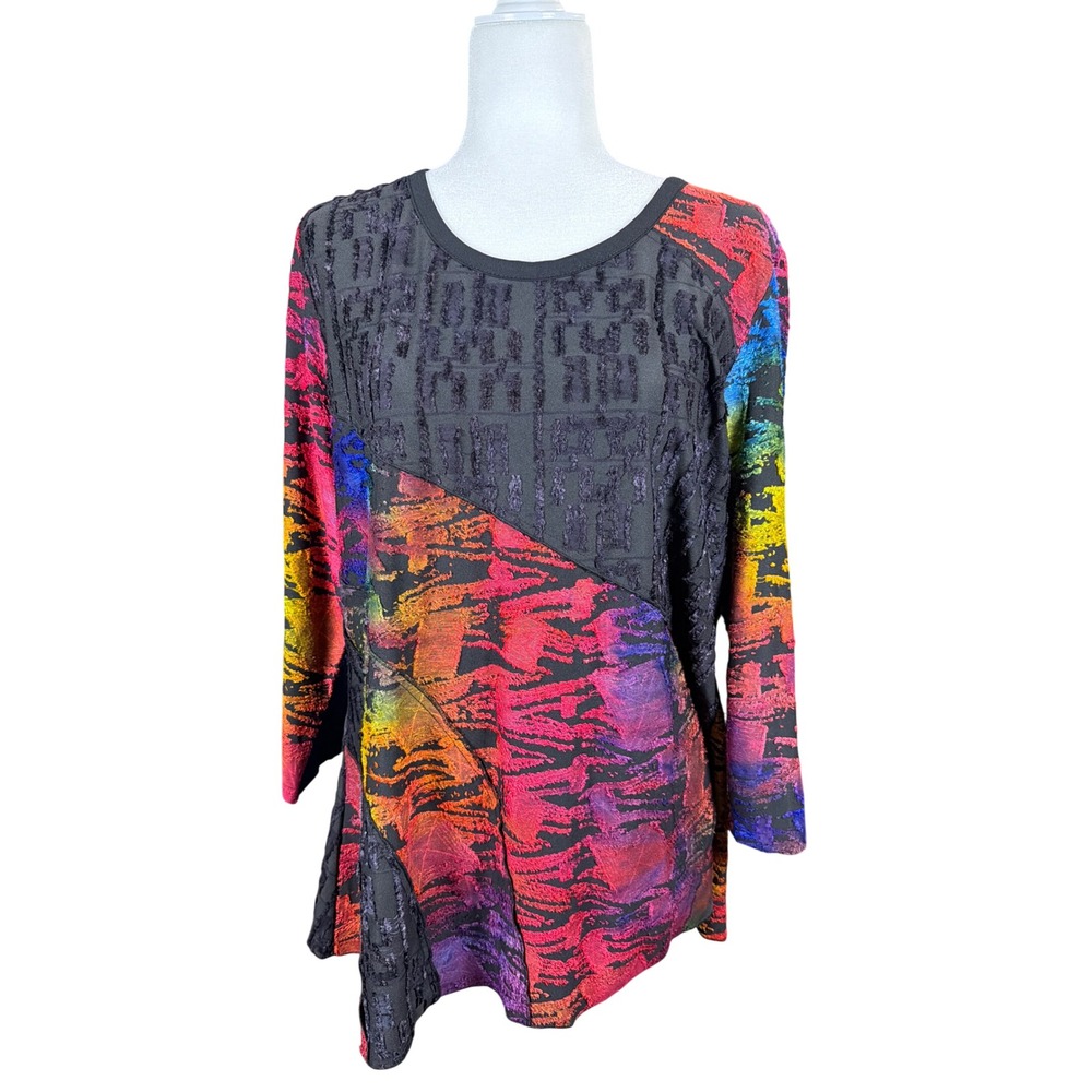 Caleoas Womens XL Abstract Print Burnout Tunic Top Long Sleeve Multi-Color Black